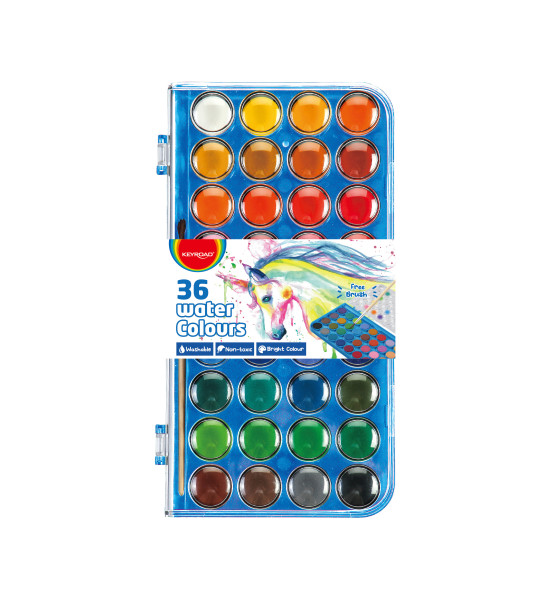 Acuarelas, Col. Básicos, Caja x 36 Und. (23 mm x Und) + Pincel